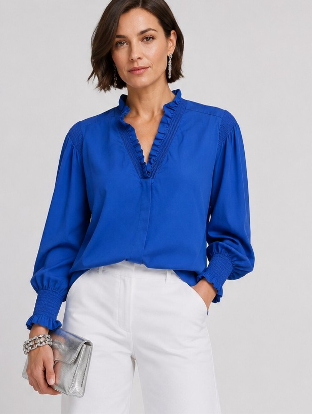 Chico's Cobalt Blue Ruffle Blouse Long Sleeve